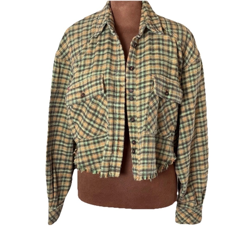 BDG Women Size XS Green Orange Brown Plaid Cropped Flannel Raw Hem Oversized